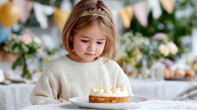 Little girl wearing a birthday crown with a small cake for party background and celebration banner design