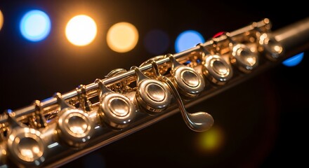 Obraz premium Close up of a transverse flute with colorful bokeh stage lights