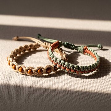 Pair of handmade macrame bracelets with beads lying on a textured surface.