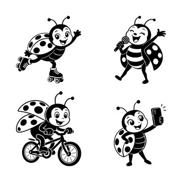 Funny ladybug cartoon silhouette activity collection with roller skating singing biking and selfie pose, cute black insect vector illustration isolated on white background