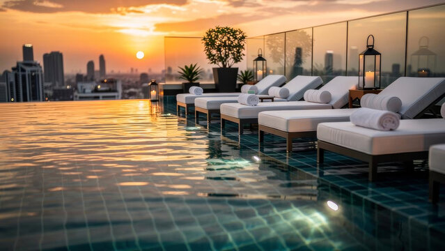 Luxury Hotel Rooftop Infinity Pool At Sunset
