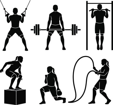 Fitness workout silhouettes set with strength training, jump rope, squats and pull-up exercise icons