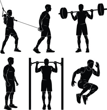 Set of black fitness athlete silhouettes performing strength training, weightlifting, boxing and jump exercises on white background
