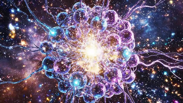Futuristic glowing atomic nucleus with electrons orbiting in vibrant space background