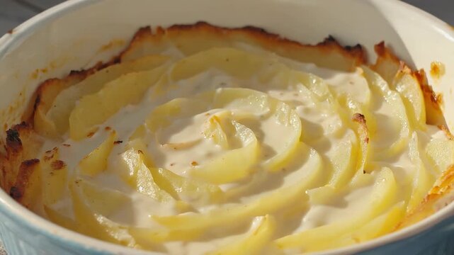 Potato gratin served in ceramic dish