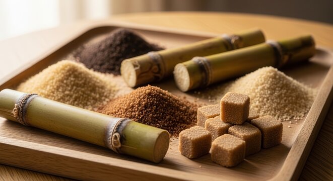 Assortment of Sugars and Sugarcane on a Wooden Tray.