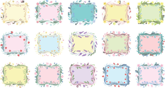 Decorative floral frame vector collection featuring pastel square borders with leaves and flowers for invitations, cards, and digital artwork