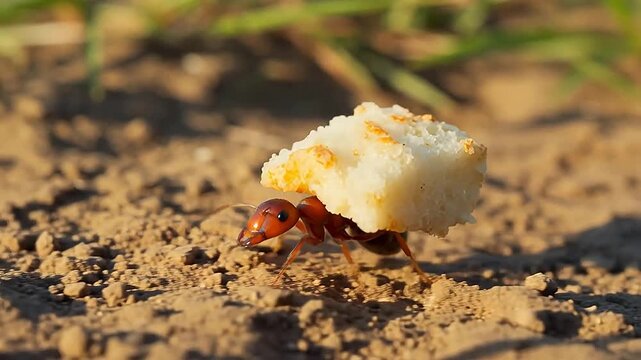 Ant Carrying Oversized Food Crumbs