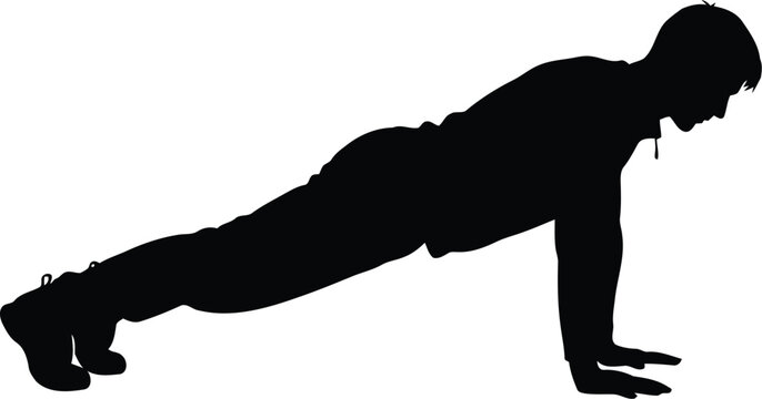 Silhouette of Man Doing Push Up Exercise on White Background, Fitness and Strength Training