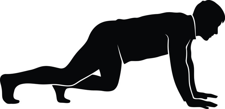 Black silhouette of man in push up position isolated on white background, fitness and exercise concept