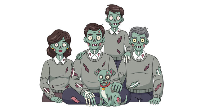 Zombie cartoon family with pet dog posing for portrait