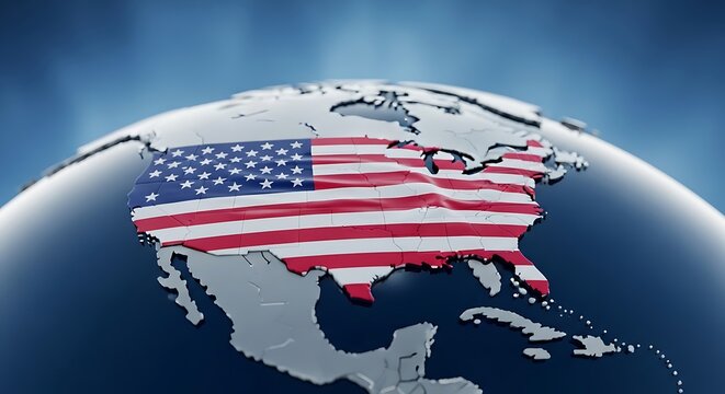 American flag on a 3d metallic globe showing north america