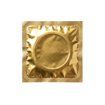 Golden condom in a square foil wrapper as isolated object isolated on transparent background