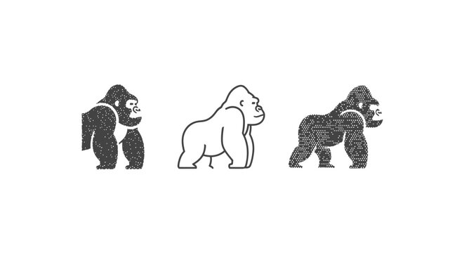 Three stylized gorilla illustrations in different poses.