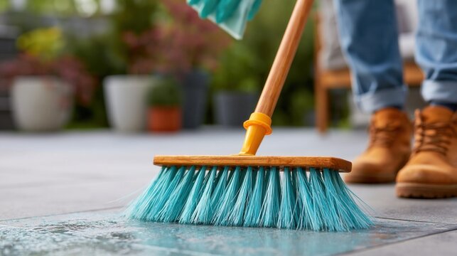 Close up of someone sweeping a wet outdoor patio floor with a blue bristle broom.