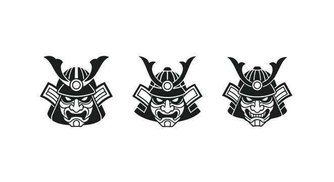 Three Traditional Japanese Samurai Helmet Illustrations in Black.