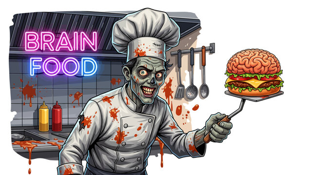 Zombie cartoon chef serving a burger with a brain shaped bun