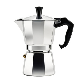 Classic silver aluminum moka pot coffee maker on transparent background isolated on transparent background