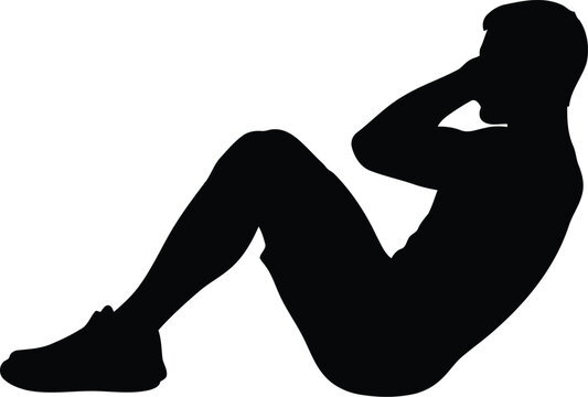 Fitness Woman Silhouette Performing Sit-Up Crunch Exercise Isolated on White Background