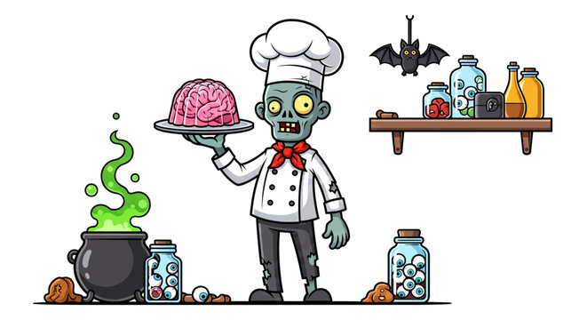 Zombie cartoon chef holding a brain on a platter in a spooky kitchen