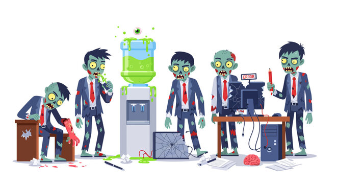 Zombie cartoon office workers in a corporate apocalypse