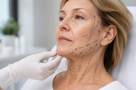 Thread lift face marking on mature woman jawline and cheek with lifting arrows before cosmetic procedure, non-surgical facial rejuvenation consultation