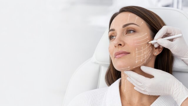 Thread lift face marking on woman with lifting arrows drawn by gloved hand before cosmetic procedure, non-surgical facial rejuvenation consultation