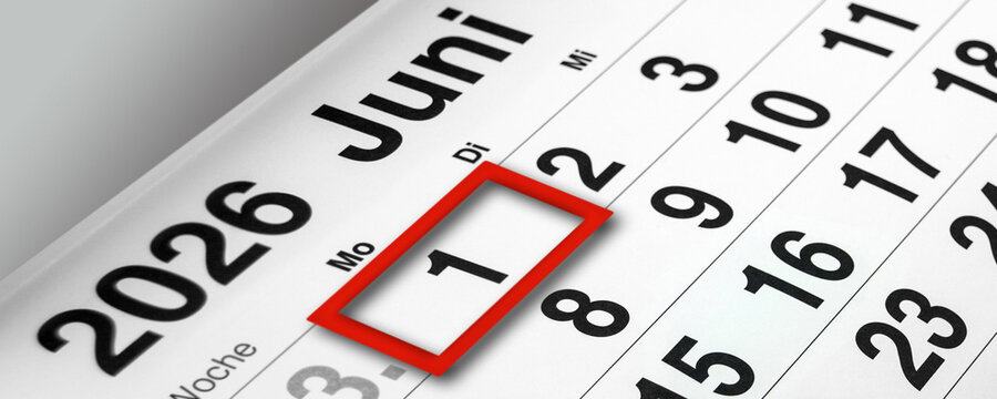 Deutscher Kalender Datum 1. Juni  2026 Montag