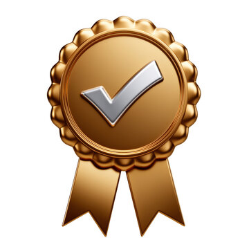 Gold award medal with silver check mark ribbon as transparent PNG isolated on transparent background