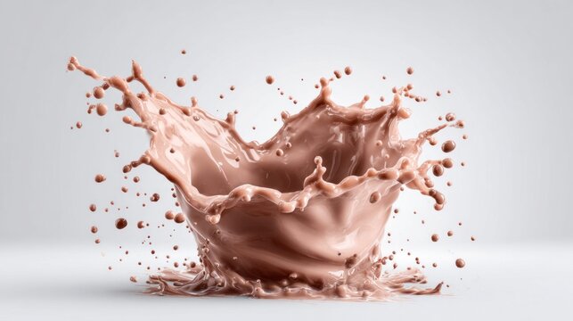 Dynamic chocolate milk splash frozen in motion with droplets flying