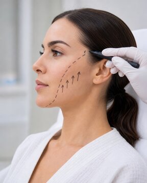 Thread lift face marking on young woman cheek and jawline with lifting arrows before cosmetic procedure, non-surgical facial rejuvenation consultation
