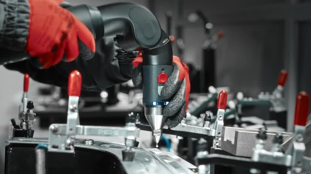 Engineer Calibrates Component With Sensors. Precision Adjustment Using Digital Measurement Tools