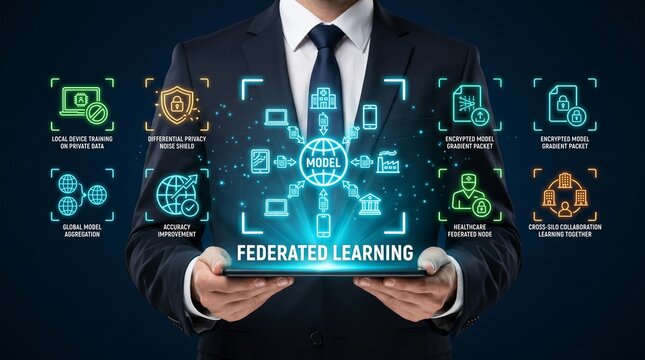 Businessman presenting federated learning concept on a tablet device with various icons
