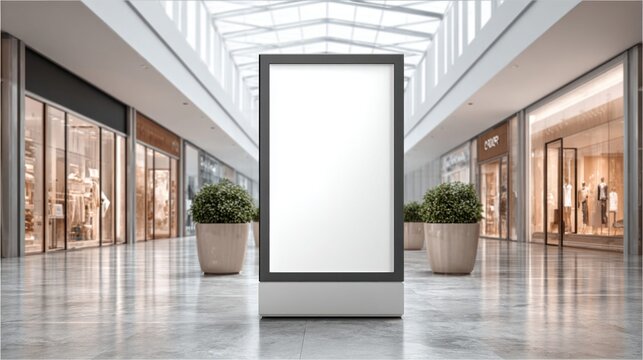 Blank advertising display in a modern shopping mall with storefronts and plants