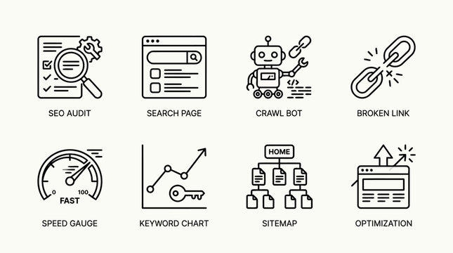 Set of search engine optimization line icons featuring seo audit search page crawl bot broken link speed gauge keyword chart sitemap and optimization symbols for digital marketing and web development.