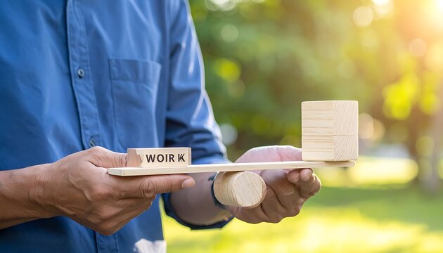 A man in blue holds wooden blocks and a cube