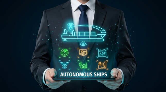 Businessman presenting autonomous ships concept on a futuristic interface