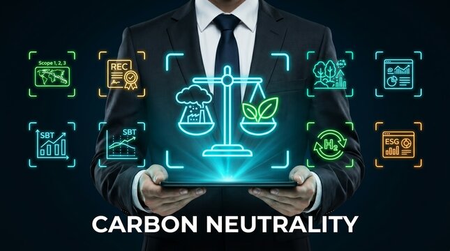 Businessman holding tablet with carbon neutrality concept on screen with various eco friendly icons around him