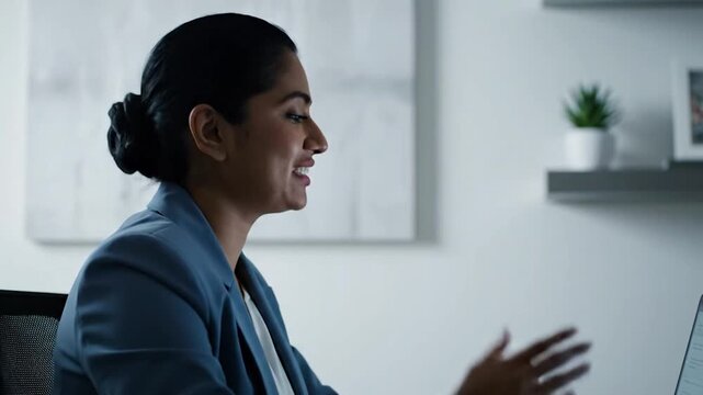 Professional Woman Working on Laptop in Office Environment.