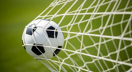 Fototapeta premium Soccer Ball in Net Goalscoring Sports Action Close Up