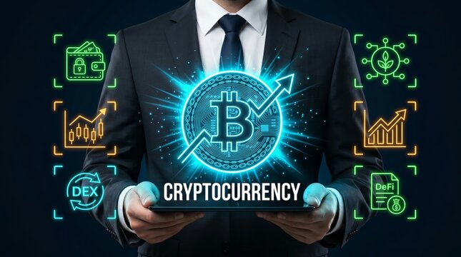 Businessman holding tablet with glowing blue cryptocurrency icons and graphs around him on a dark background