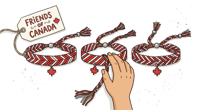 Handmade Canada friendship bracelets with maple leaf charms, woven red and white cord jewelry, souvenir gift