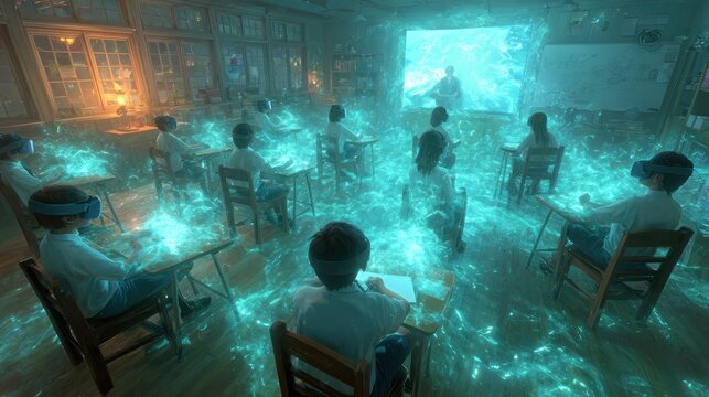 Students wearing VR headsets experience a glowing lesson in a classroom