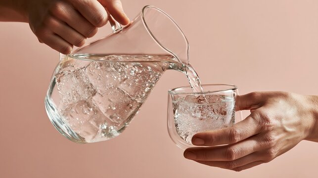 Pouring ice cold water from a glass pitcher into a clear drinking glass