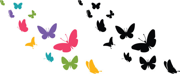 Flying butterfly icons set, colorful insect collection, black silhouette and flat style group, decorative nature vector illustration, fluttering butterfly symbol, artistic insect graphic design. © Asia
