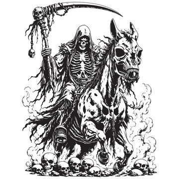 Grim reaper on a skeletal steed with black and white
