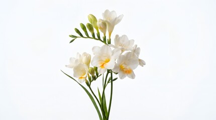 Fototapeta premium White Jasmine Flower Branch with Green Leaves Isolated on White Background, Elegant Floral Arrangement