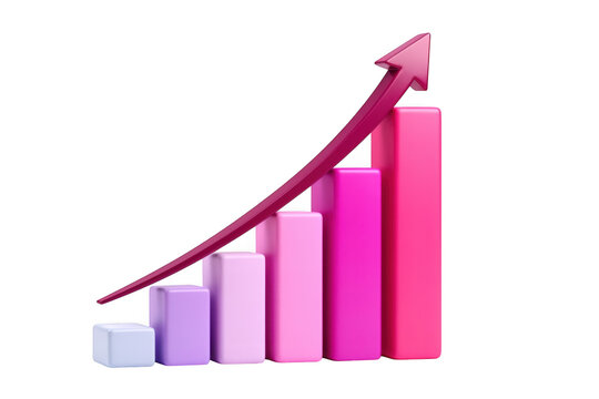 3D growth bar chart with upward arrow business performance increase isolated on transparent background