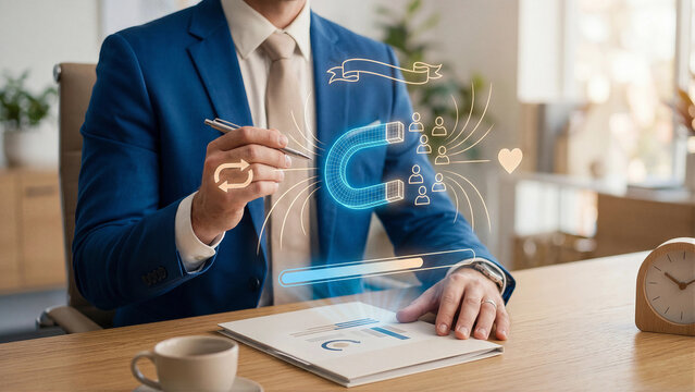 Businessman presenting customer retention concept with holographic magnet attracting loyal audience and repeat cycle icon showing brand loyalty recurring engagement acquisition and marketing strategy