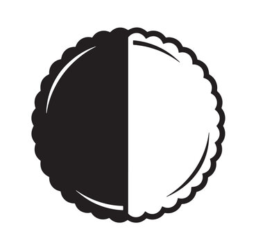 Graphic black and white illustration of a traditional half moon cookie with half dark and half light frosting and scalloped edges